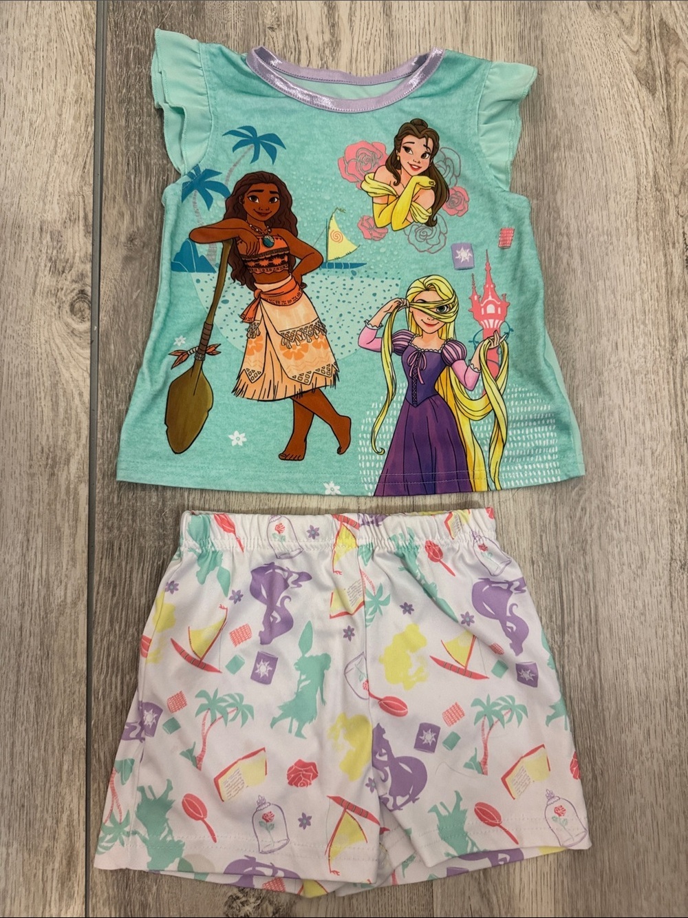 Disney Girls Mint Short Pajama Set with Purple Trim & Pastel Print